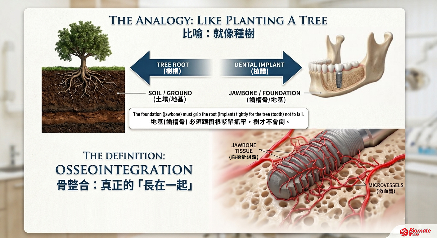 Biomate植牙骨整合原理比喻
